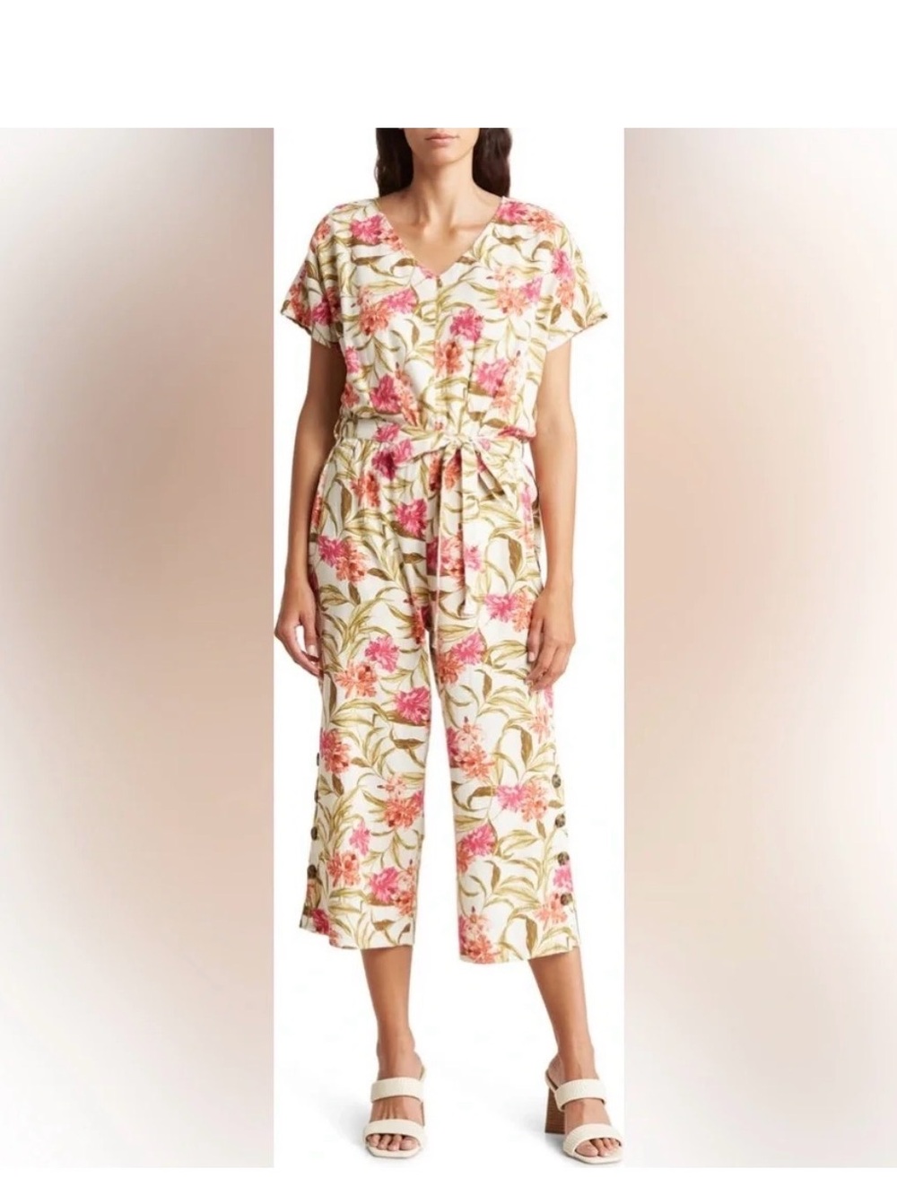 Kensie Linen blend Floral Jumpsuit with Pink Floral Print